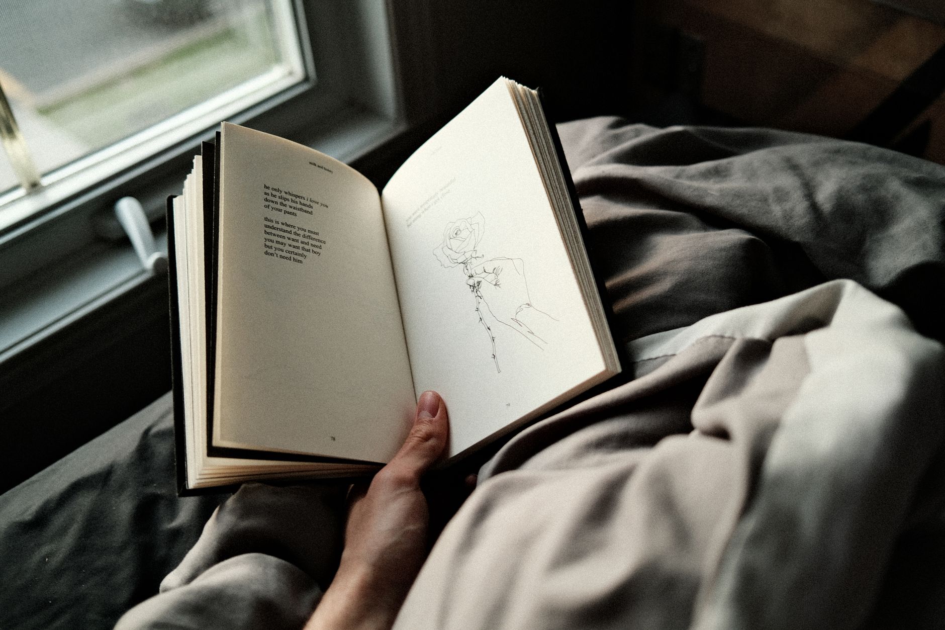 Personne lisant un livre au lit près d'une fenêtre, créant une atmosphère chaleureuse et paisible.